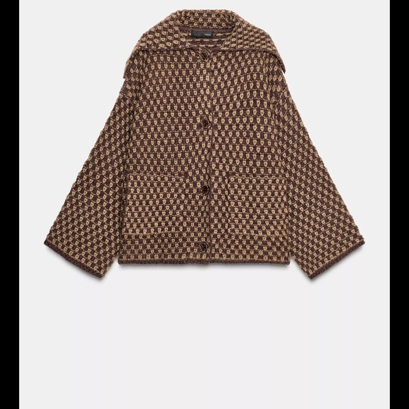 Zara Sweaters - Zara Brown and Beige Patterned Knit Cardigan